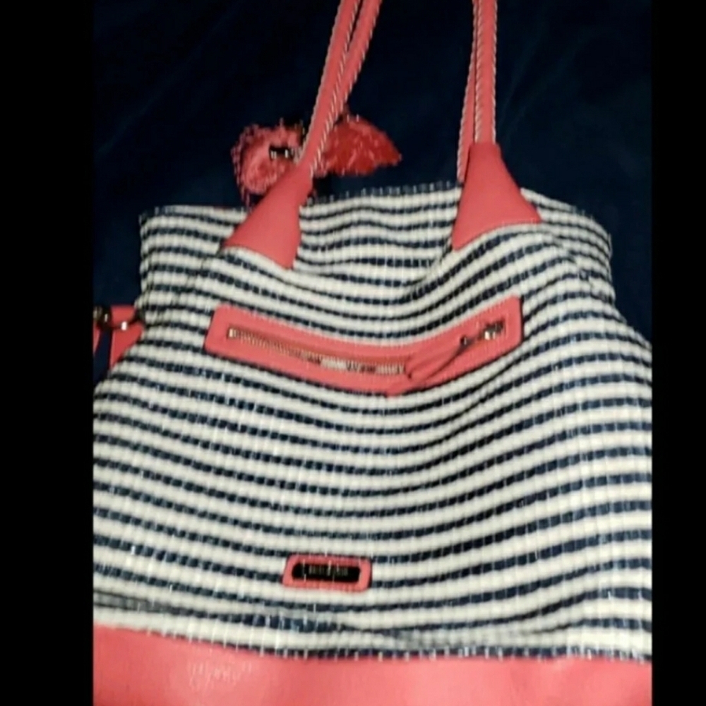 Striped Coral and White Tote Bag